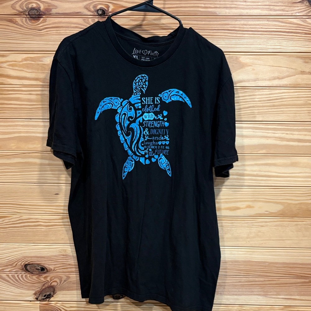 Love & Faith Black Tee with Blue Turtle Design